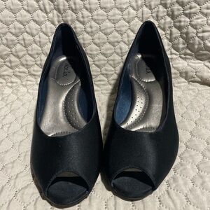 Abella Elegant Black Satin Peep Toe Heels